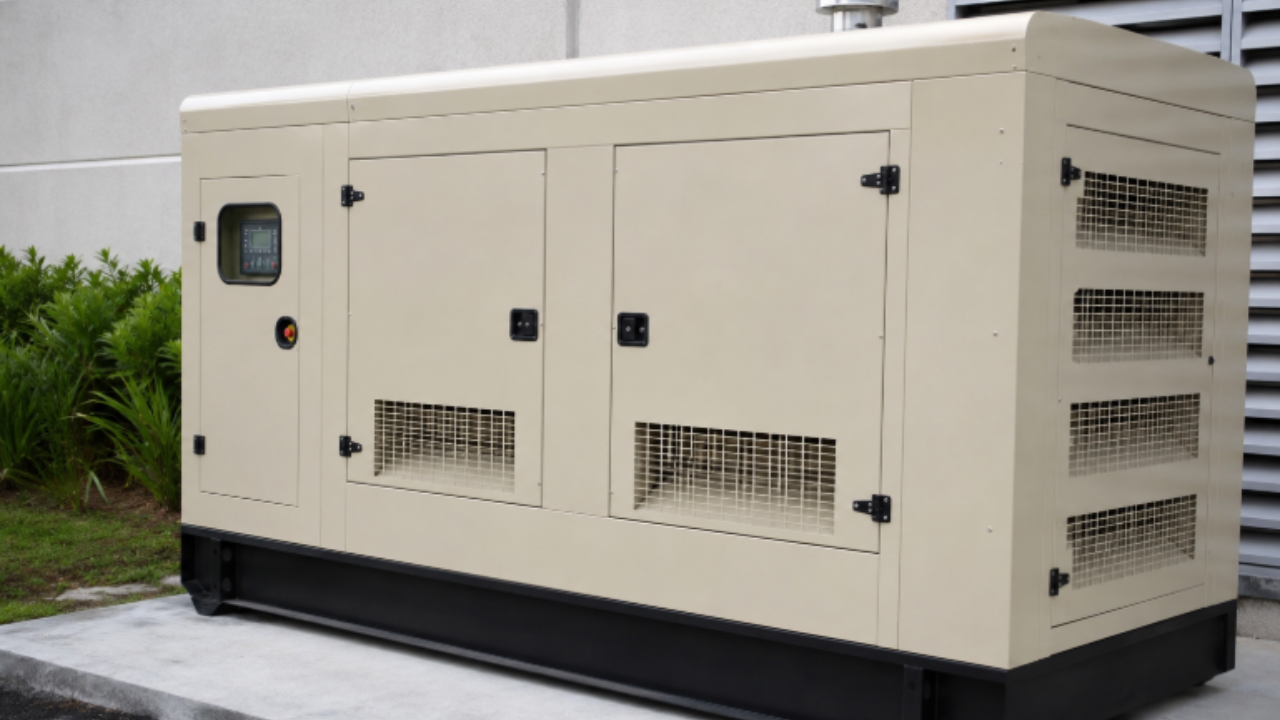 Beige commercial backup generator beside a building.
